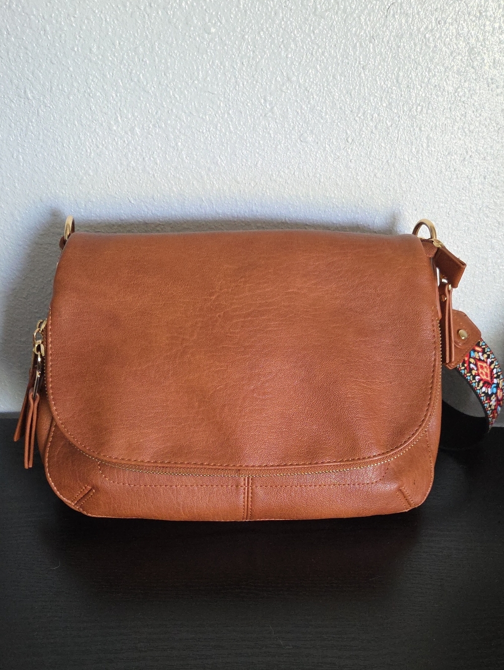 Miztique Tan Leather Crossbody with Patterned Strap